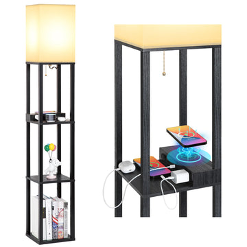 Shelf Floor Lamp with Wireless Charger, USB, Type C, AC Port, Black