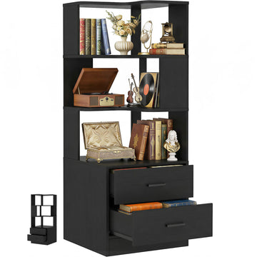 Corner Bookshelf with Drawers, Small Corner Shelf with Drawers