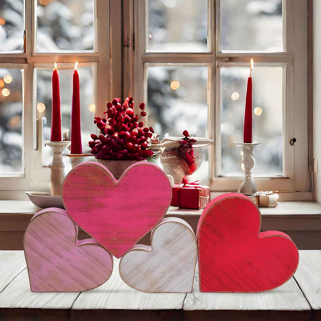 Wooden Hearts Valentines Decorations Indoor, Wood Heart Blocks Tiered Tray Decor, Red Pink White Valentine - Set of 4