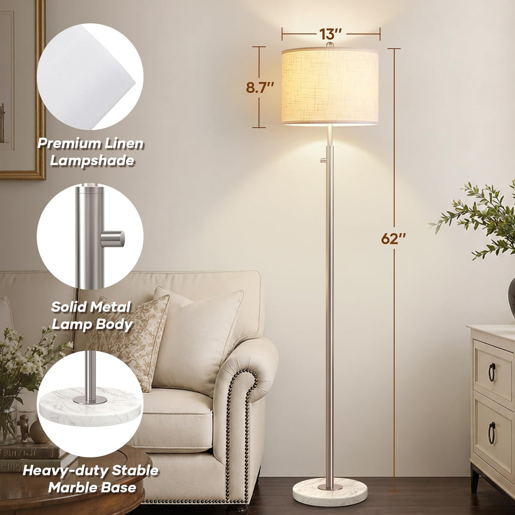Dimmable Floor Lamp, 11W LED Bulb Included, Modern Standing Lamp with Marble Base, Tall Pole Light