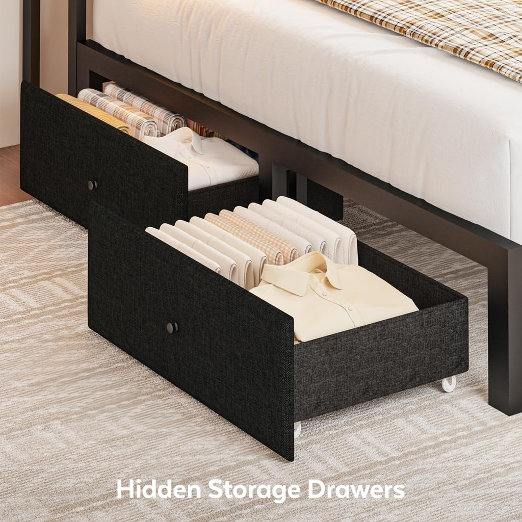 Queen Corner Bed Frame with Storage Drawers, Modern Daybed with LED Lights and Charging Station, Metal Platform Bed