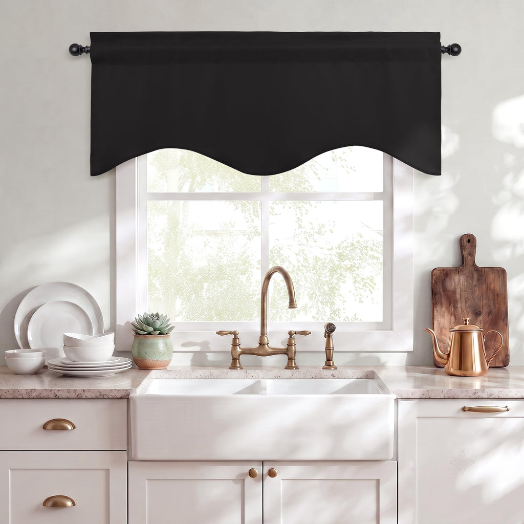 Blackout Scalloped Valance Curtain 2 Panels, W52 x L18 Inch, Black