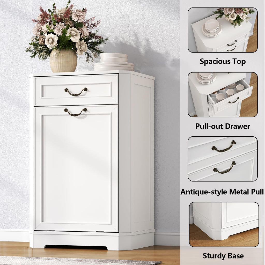 Tilt Out Laundry Hamper Cabinet, Hidden Laundry Cabinets w/Drawer & Basket
