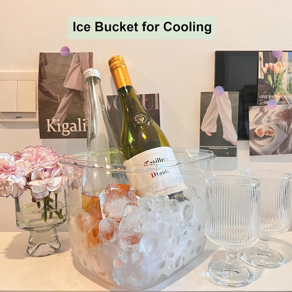 Portable Ice Bucket With Lid & Tong Camping, Clear Plastic Storage Bin for Freezer, Refrigerator, Whiskey, Wine