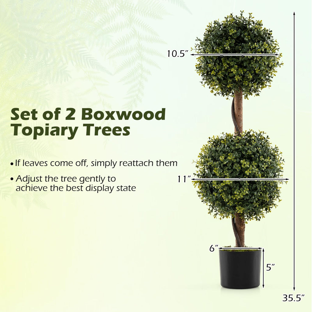 3 FT Artificial Boxwood Topiary Trees, Set of 2 Faux Outdoor Topiary Ball Tree with Cement-Filled Pot, Fake Greenery