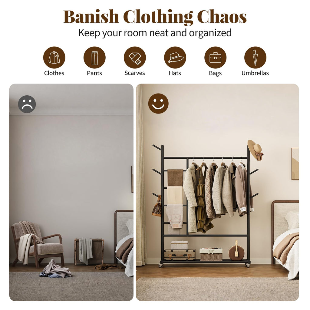 Solid Wood Clothing Rack, 4-in-1 Wooden Clothes Rack with Wheels