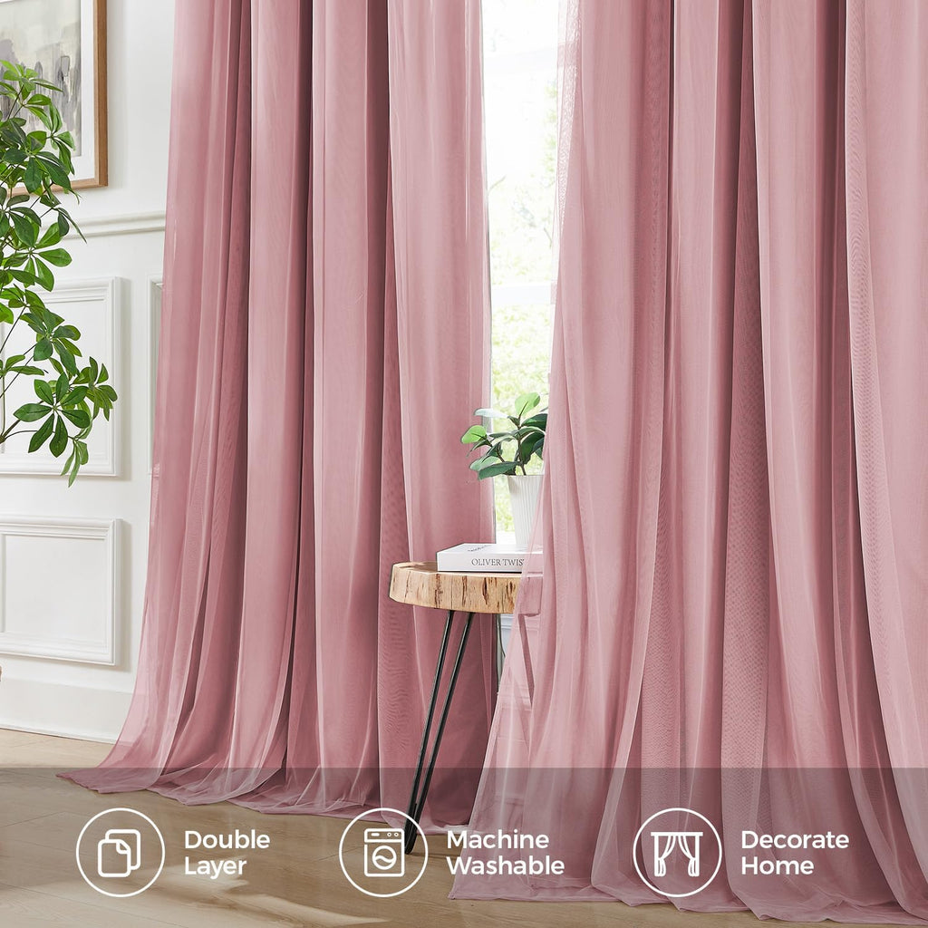 100% Blackout Curtains, Double Layer Pink Curtains, Black Out Curtain 84 inch Long with Sheer Overlay, Room Darkening