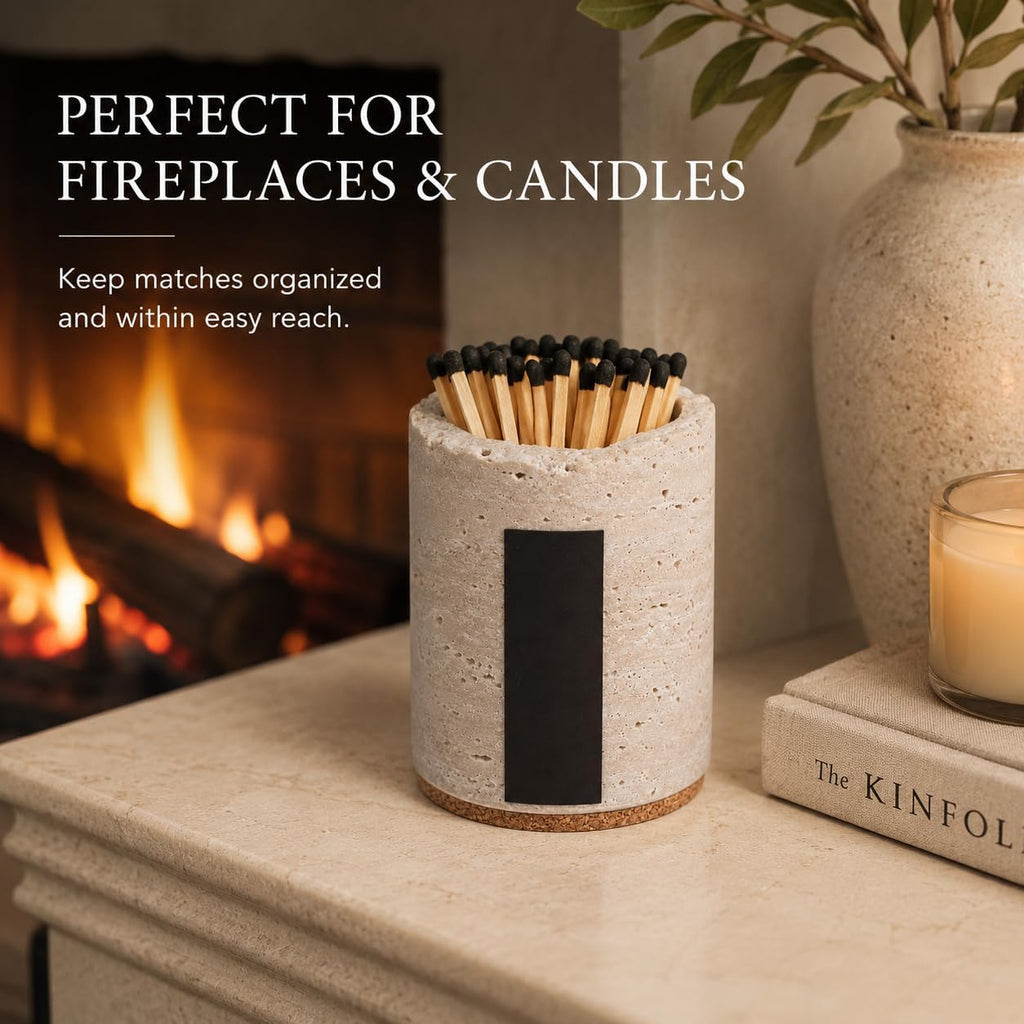 Natural Travertine Match Holder with Striker for Candle Home Decor - Matches Not Included