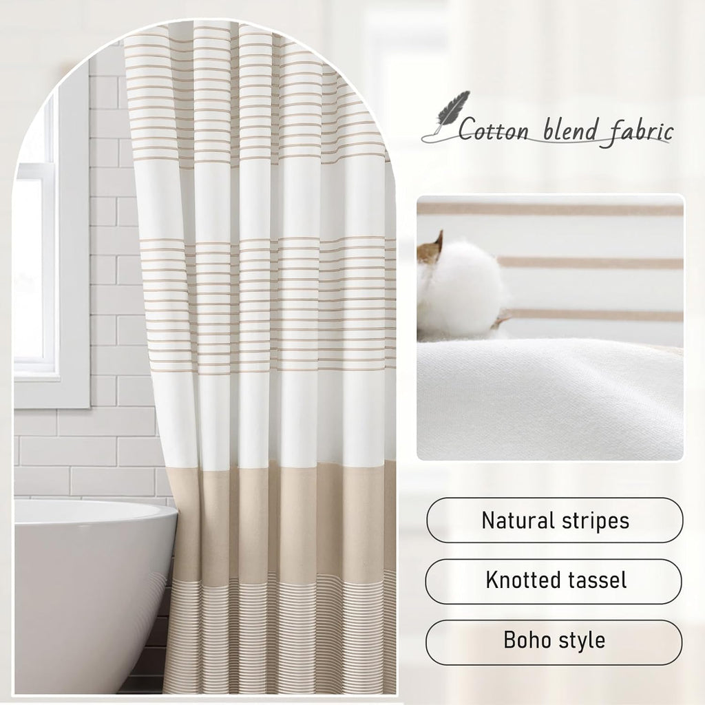 Beige Boho Cotton Striped Shower Curtain with Tassel 72" W X 72" L | Boho Farmhouse Shower Curtains with Soft Cotton
