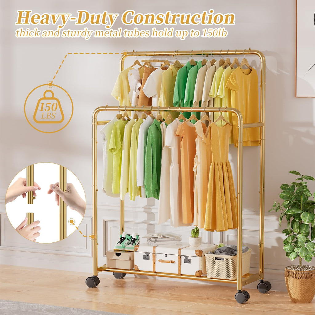 Trending Clothing Clothes Rack Double Rods with Wheels, Rolling Metal Garment Rack for Hanging, Gold