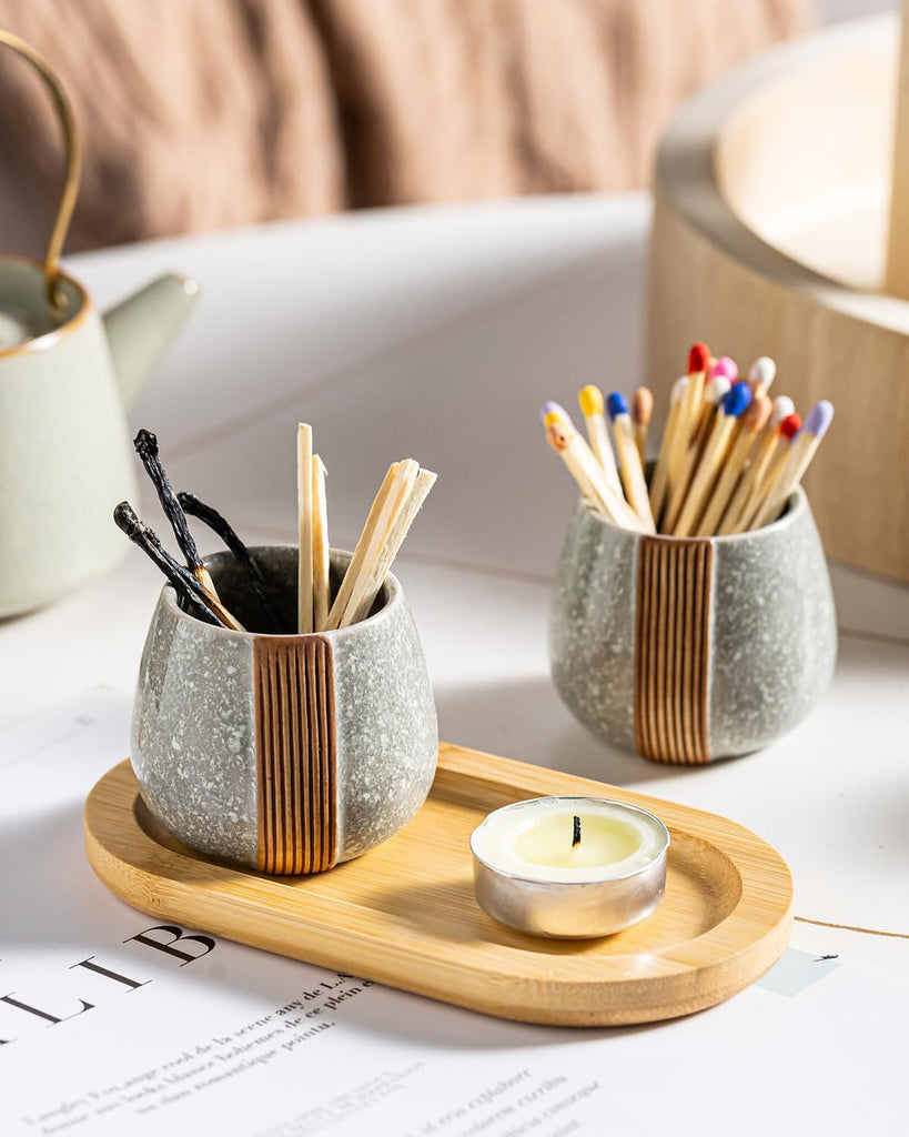Match Holder with Striker, Ceramic Matchstick Container - Set of 2