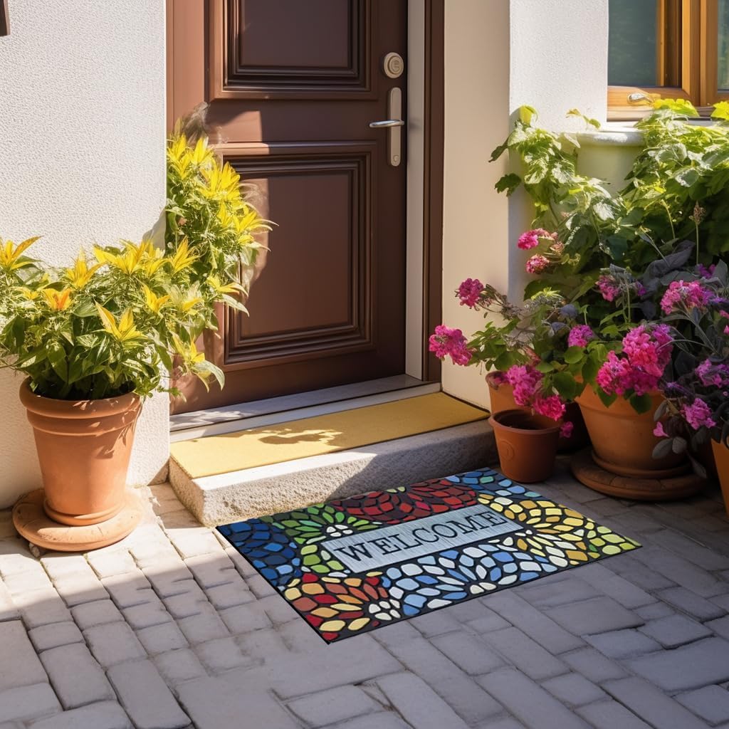Colorful Welcome Door Mat, Welcome Mat 24x 36 Inch Front Doormat Outdoors Entrance Outdoors Mats for Outside Entry