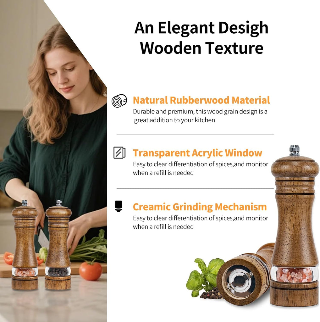 Wood Salt and Pepper Grinder Set Classic Manual Pepper Mills - Set of 2