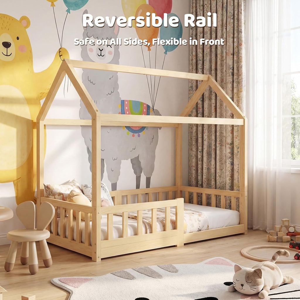Toddler Bed, Toddler Floor Bed with Safety Guardrails, Wood Montessori House Bed with Roof, Low Toddler Bed Frame