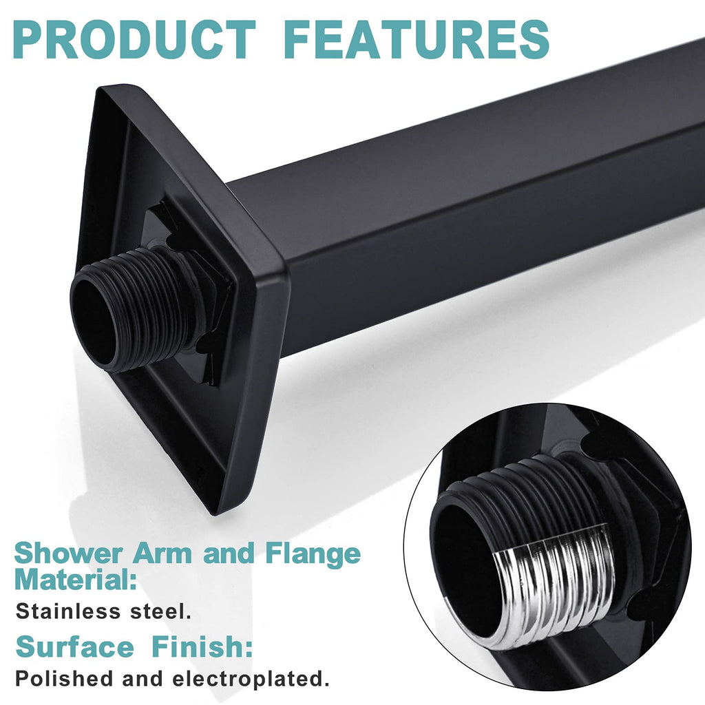 12 Inch Matte Black Ceiling Mount Shower Arm and Flange, Square Rain Shower Arm