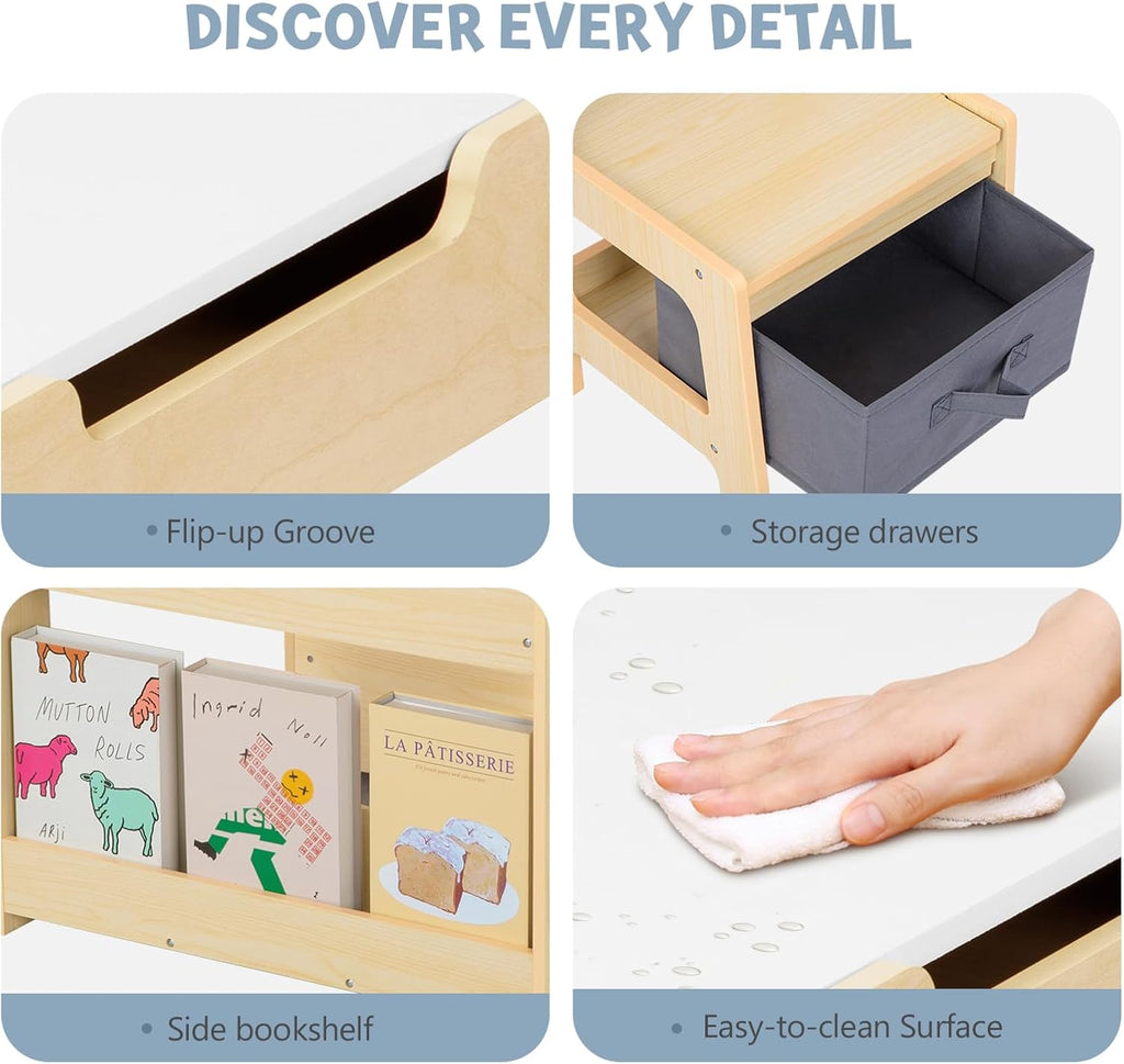 4 in1 Kids Table and Chair Set with Storage Drawer and Book Rack