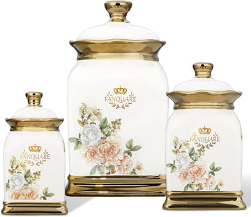 Floral Canisters with Gold Trim, Ceramic Decorative Countertop Jars, Farmhouse Porcelain Cookie Jar and Sugar Bowl - Set of 32