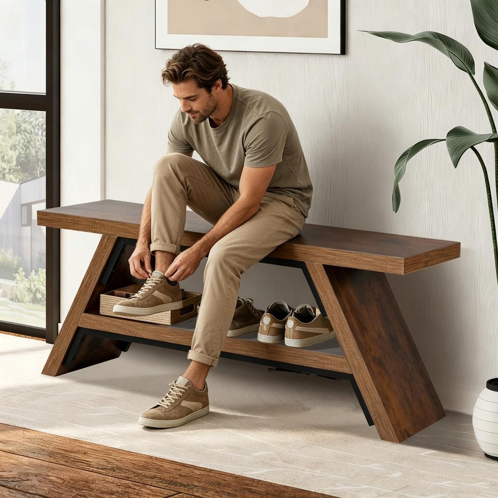 2-Tier Shoe Storage Bench, 47" Solid Wood Entryway Stool Storage