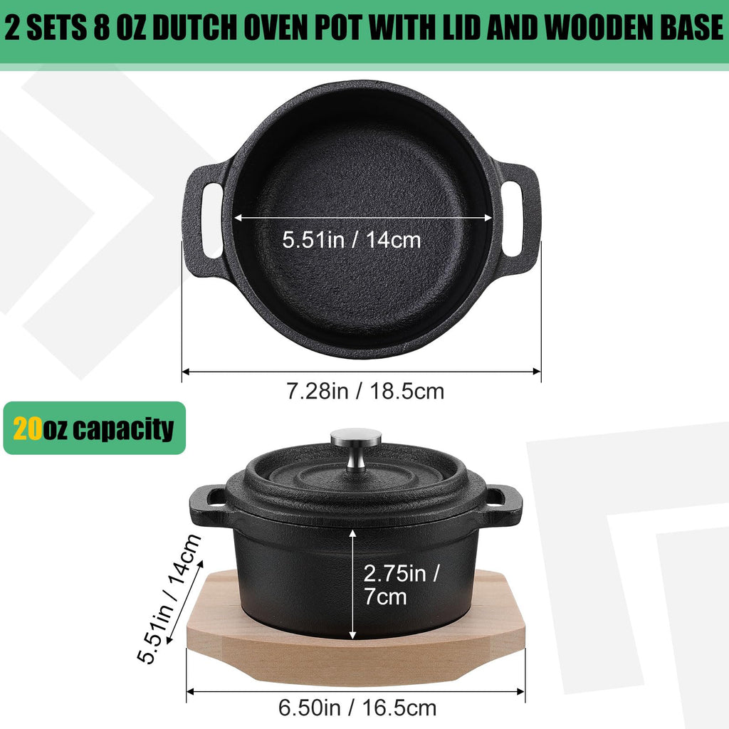 2 Sets 20 oz Dutch Oven Pot with Lid, Mini Cast Iron Pot
