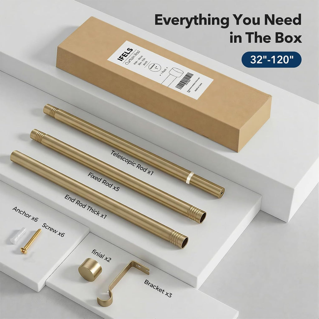 Heavy Duty Brush Gold Curtain Rods for Windows 32 to 120 Inch, 1 Inch Brass Curtain Rod Adjustable with Metal Modern