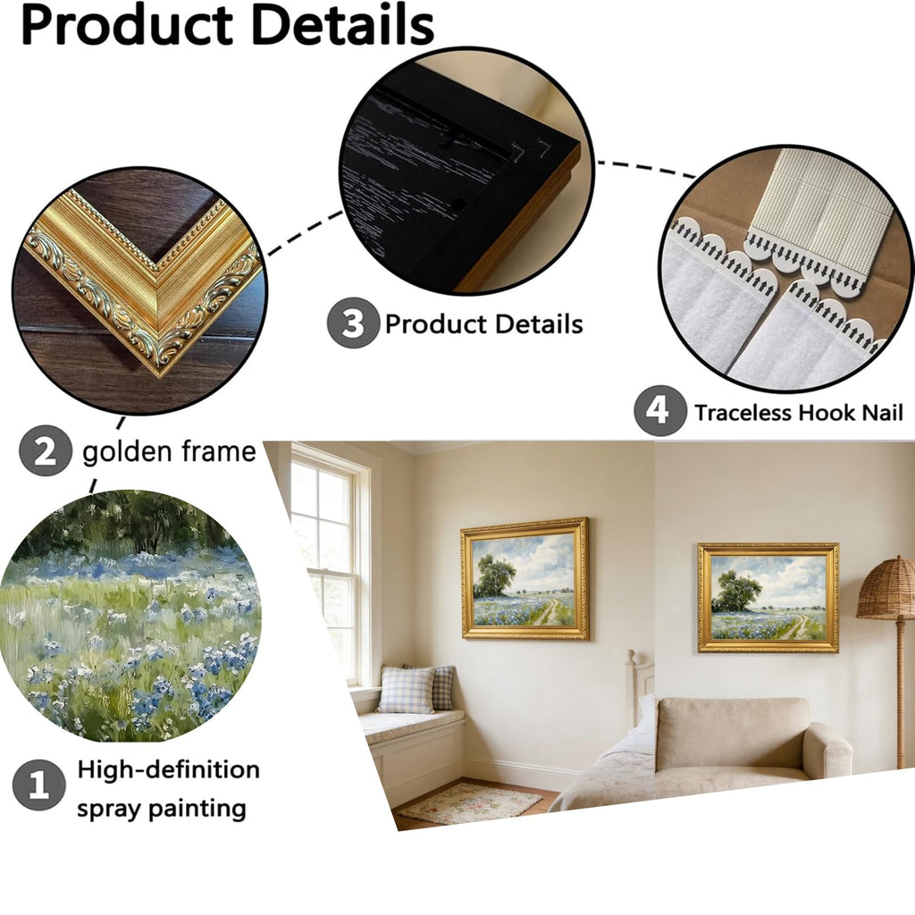 Gold Framed Canvas Wall Art Country Landscape Wildflower Field Wall Decor Paintings Rustic Nature Pictures Prints