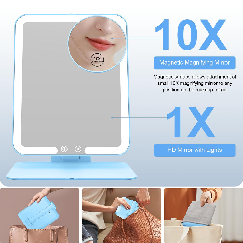 Travel Makeup Mirror with 3 Lights and Magnification 10X, Blue
