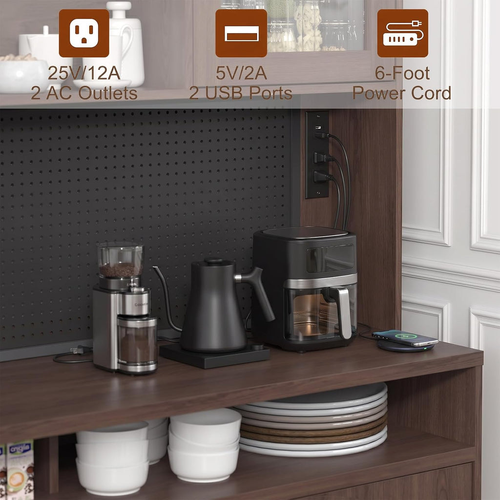 71" Tall Pantry Cabinet with Charging Station, LED Lights & Microwave Stand | 54"W Brown Modern Storage Cabinet with
