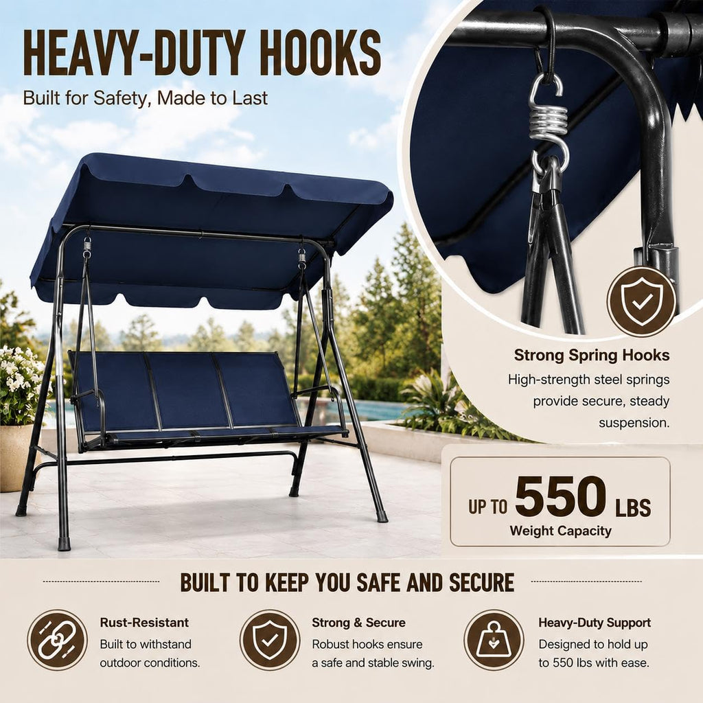 3-Seat Patio Swing Chair w/Texteline Fabric Ez Setup, Blue