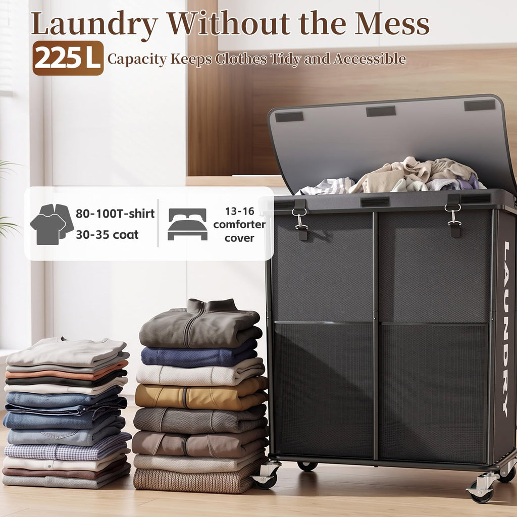Hamper with Wheels and Lid, 225L Large Rolling Laundry Basket Gray