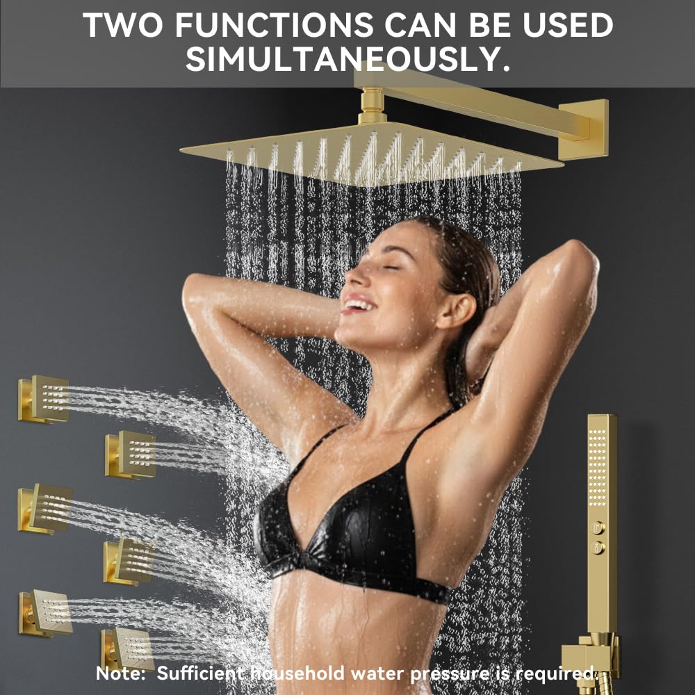 Brushed Gold Shower System with Body Jets, 12 Inch Rainfall Shower System and 2 in 1 Handheld Spray Shower Jets