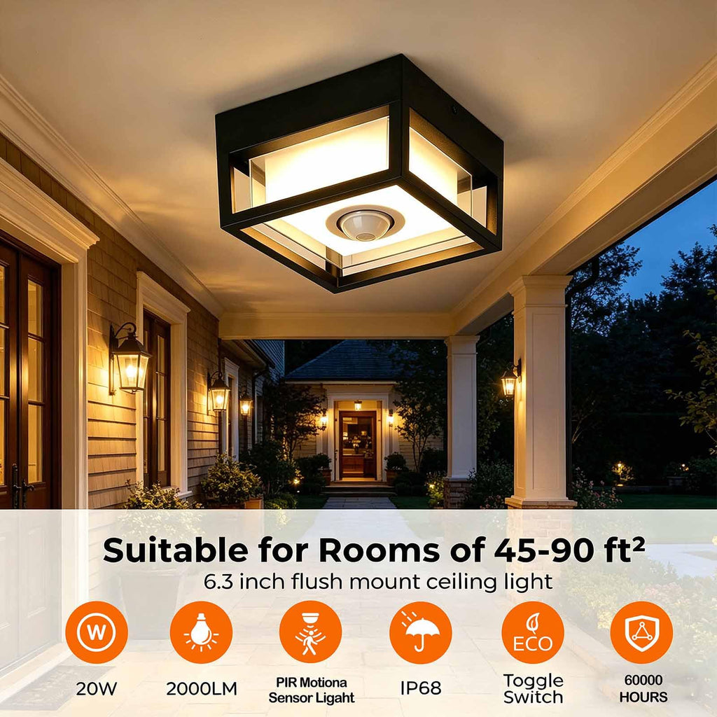 Outdoor Ceiling Light with Motion Sensor, IP65 Waterproof 6.3 inch Porch Lights Outdoor, 20W 3000K LED Square