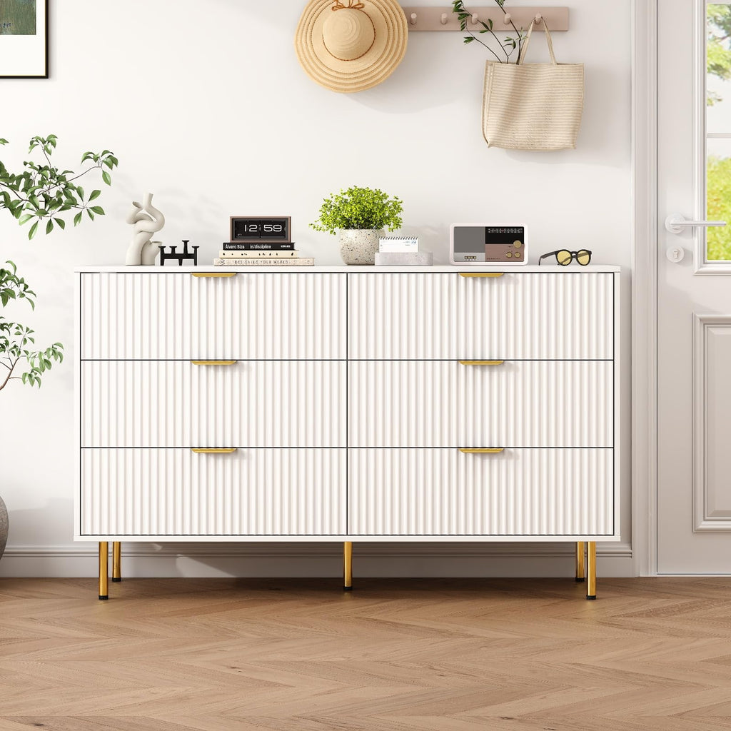 56" Wide Modern White Fluted 6 Drawers Dresser with Gold Handle