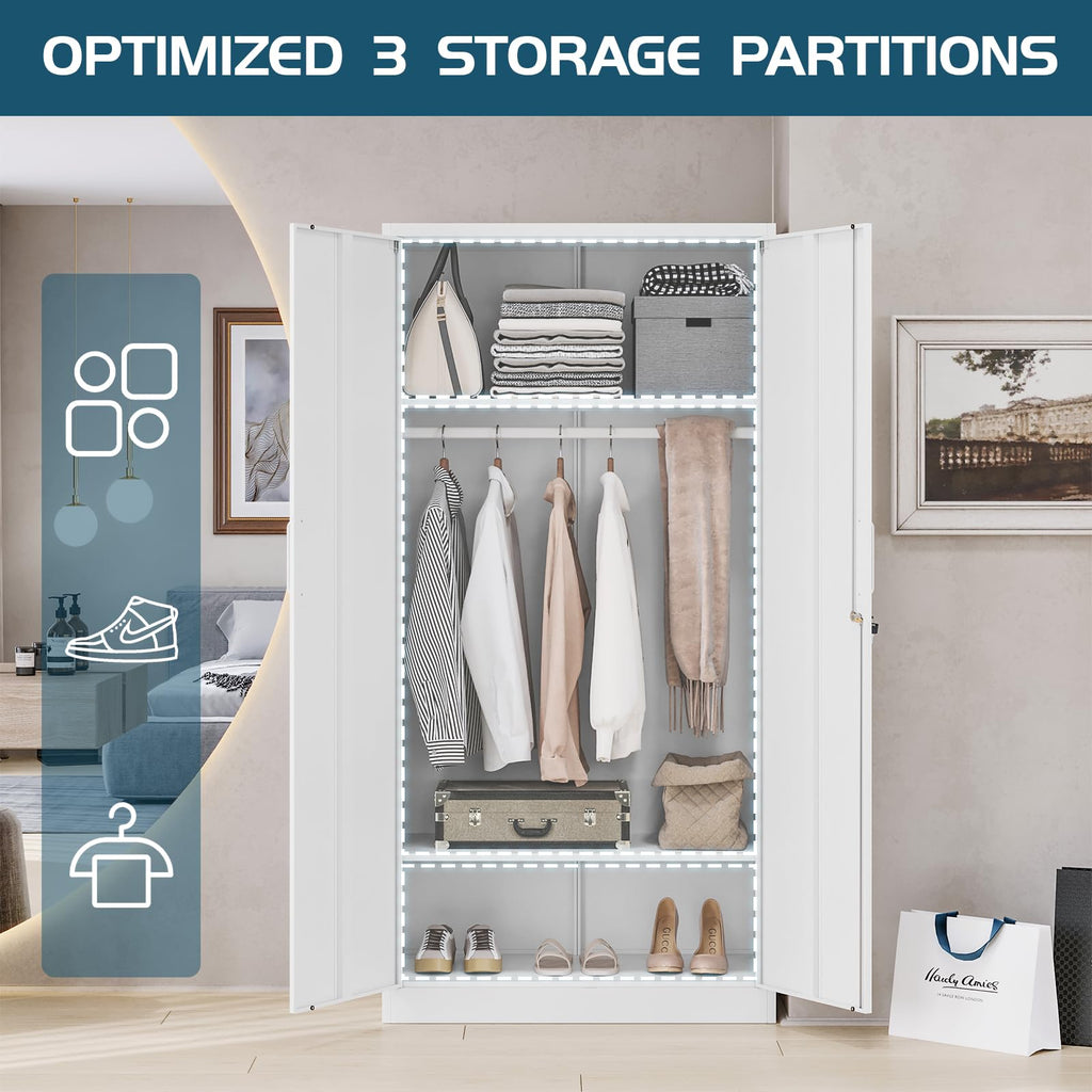 Metal Clothing Storage Locker, Steel Wardrobe Cabinets with Shelves and Hanging Rod, 72" Large Storage Locker Closet