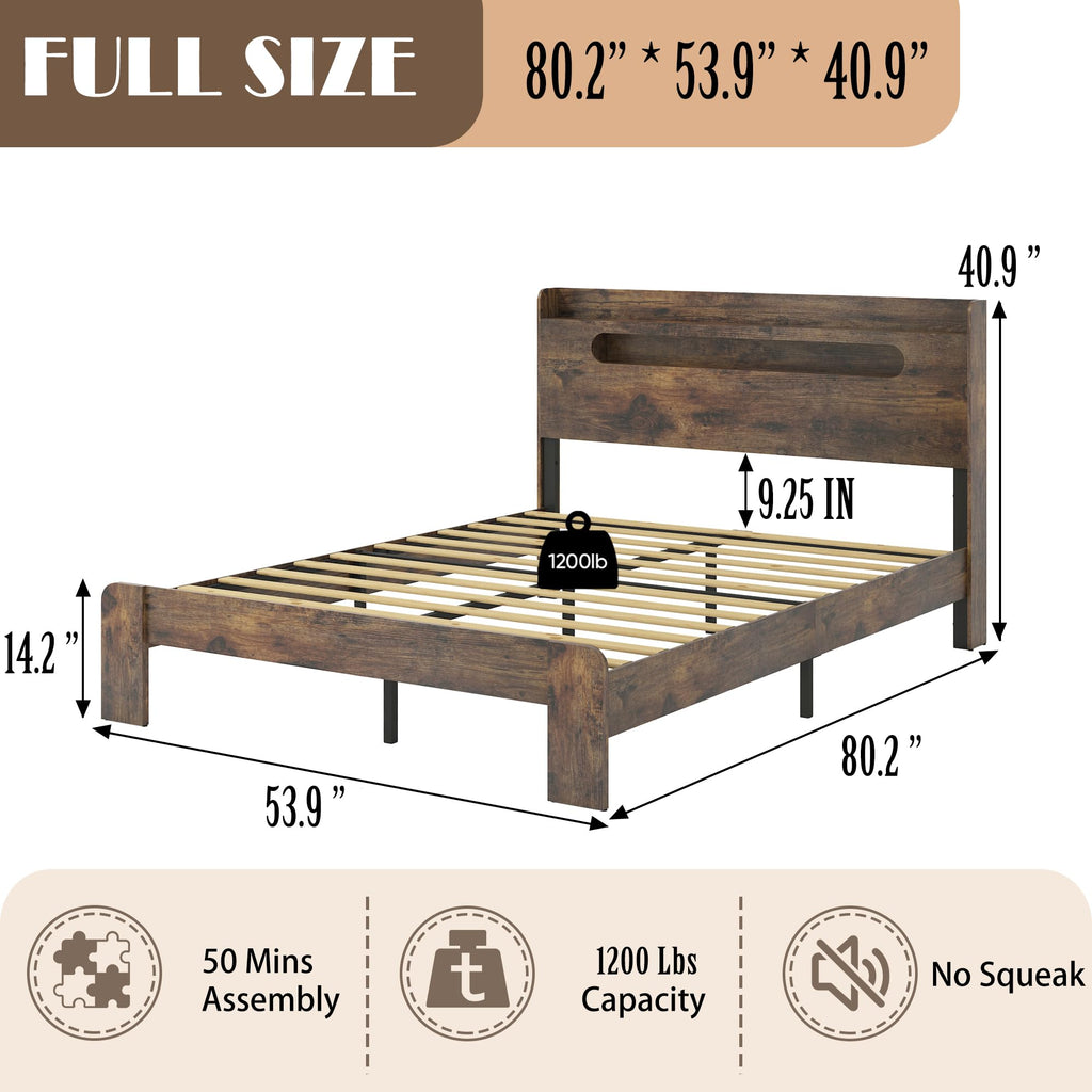 Wooden Bed Frame with Storage Headboard, Farmhouse Platform