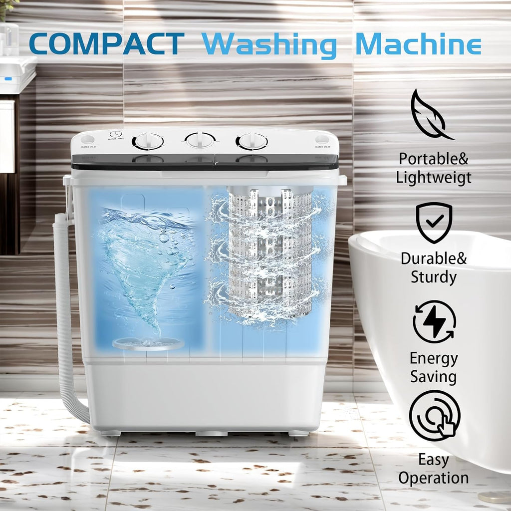 Portable Twin Tub 18.8lbs Washing Machine with Drying Rack and 10 Hangers, 11.8lbs Washer Mini Compact Laundry Machine