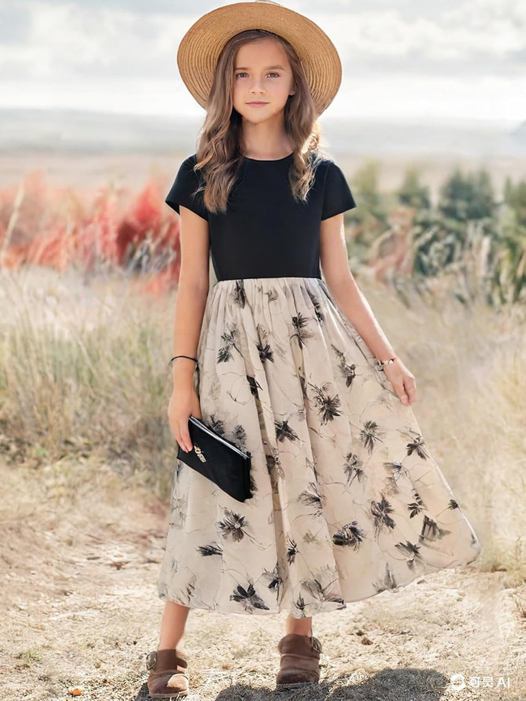 NEW Girls Elegant Dress Short Sleeve A-Line Floral Midi Party Special Occasion