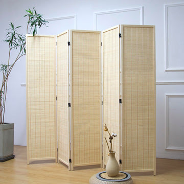5 Panel Bamboo Room Divider - 5.6 ft Tall Folding Privacy Screen, Natural Beige Freestanding Room Partition Wall (67"