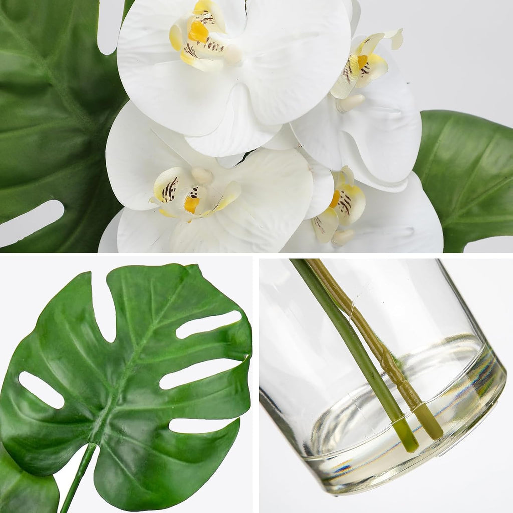 Artificial Monstera Plant and Fake Orchid in Glass Vase, 13.8" Real Touch Fake Plant Tropical Leaves Orchids