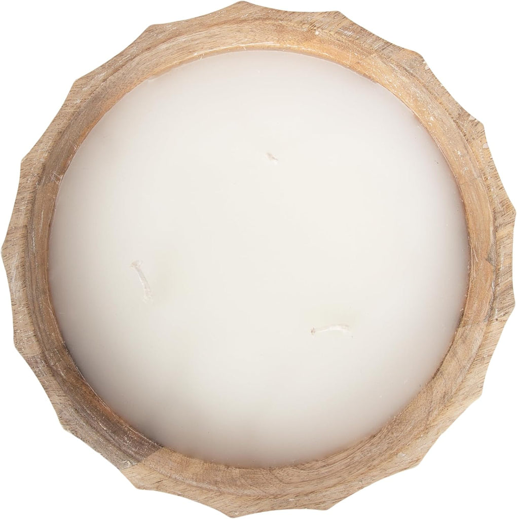 Plete Round Pleated Wood Candle Bowl, 8 Inch Diameter, Light Natural, Modern Scalloped Three-Wick Unscented Candle