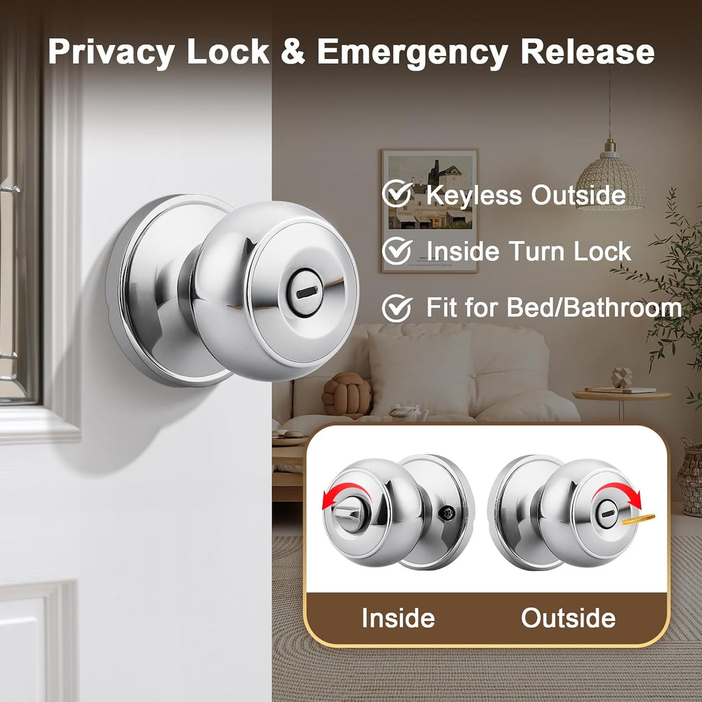 Polished Chrome Door Knobs - Interior Bedroom Door Handles with Privacy Lock, 5 Pack
