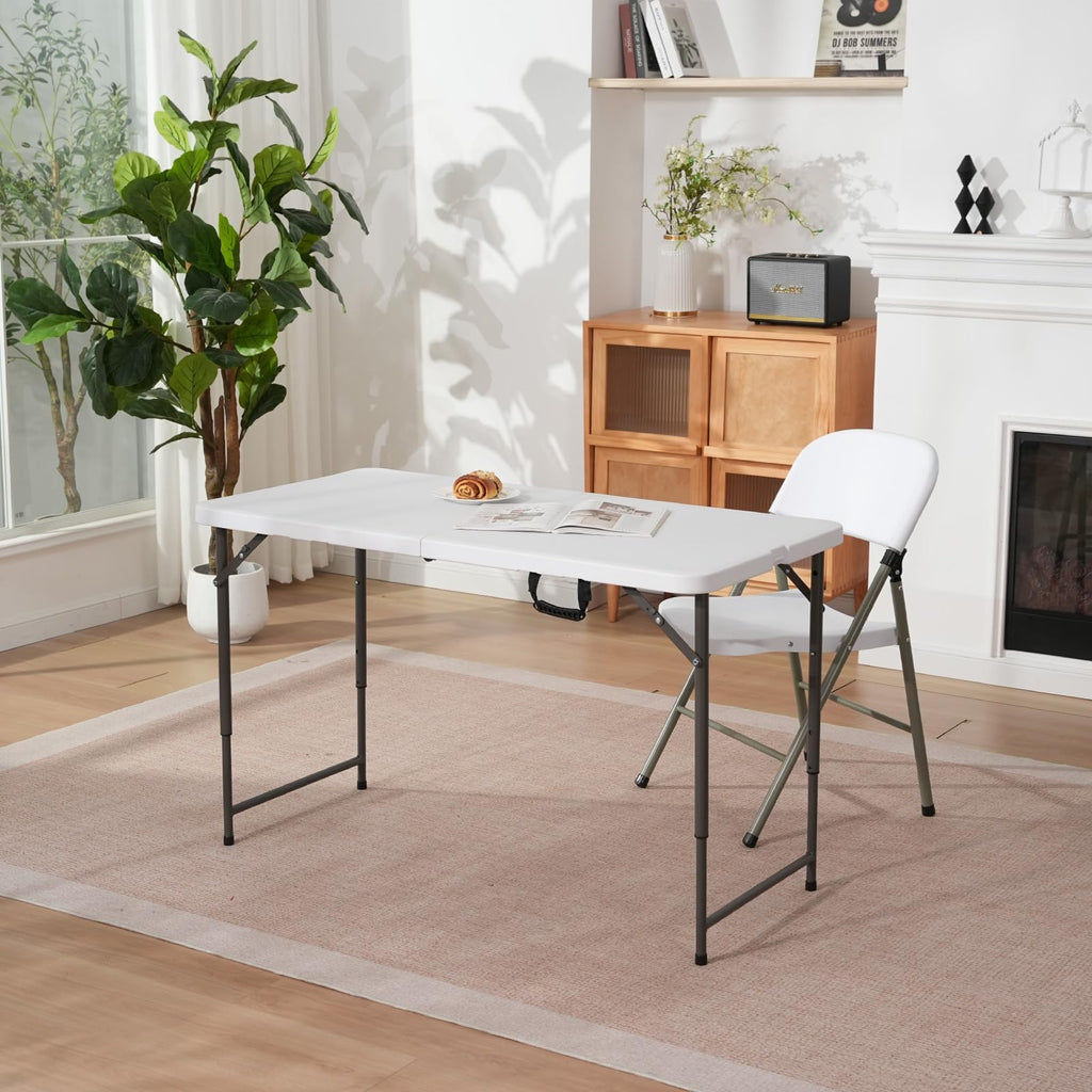 4ft Folding Table with Adjustable Height, 2-Level Foldable Table with HDPE Top & Steel Legs, Portable 4 Foot Folding