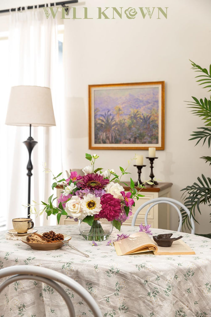 Artificial Flowers Centerpieces in Glass Vase with Fake Water, Silk White Rose Sunflowers Peony Bouquet with Vase for