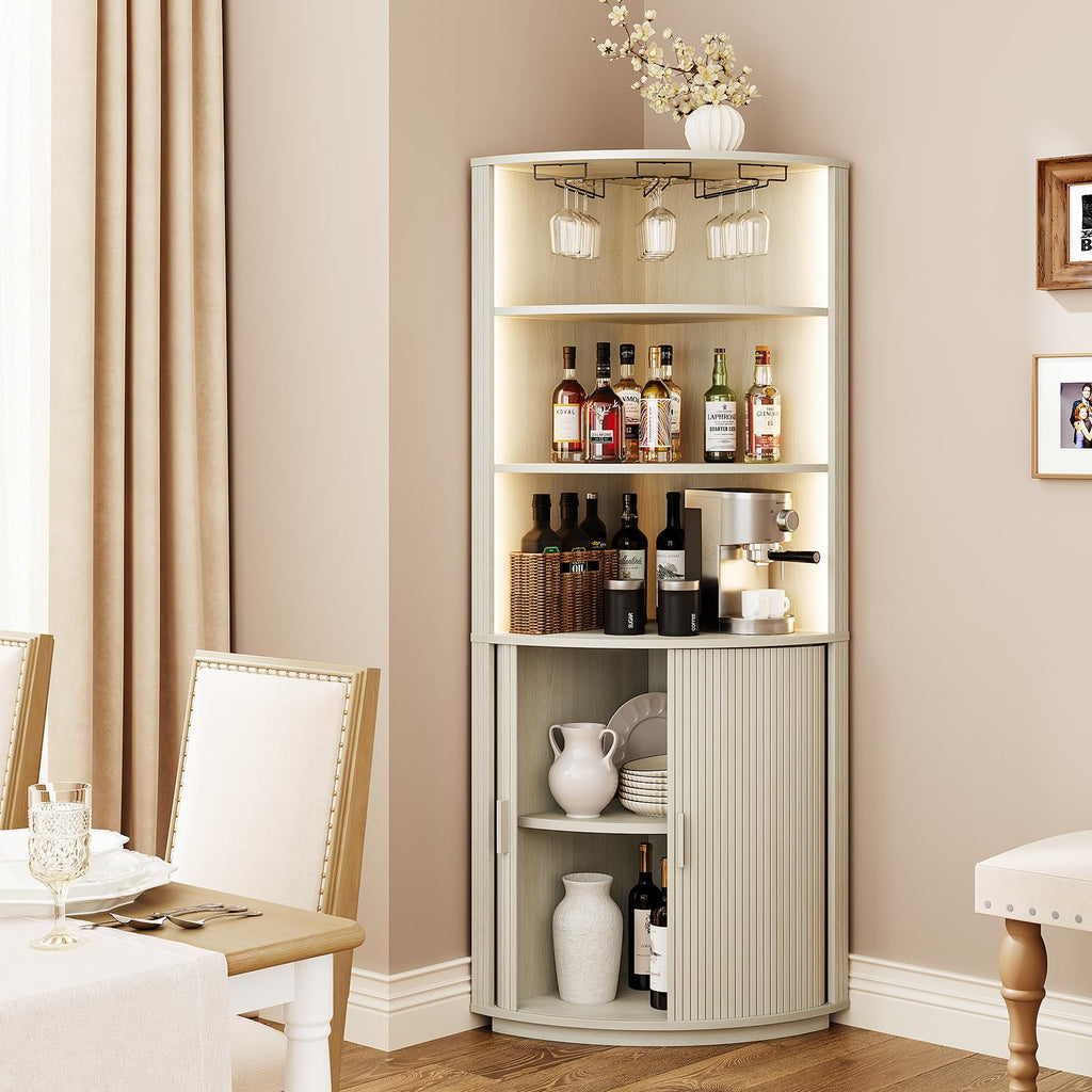 72" Tall Corner Bar Cabinet with LED Light, Liquor Cabinets, White