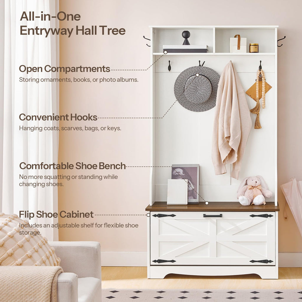 Hall Tree with Bench, Entryway Bench with Coat Rack and Shoe Cabinet, Flip Drawers, Farmhouse Hall Tree with Shoe