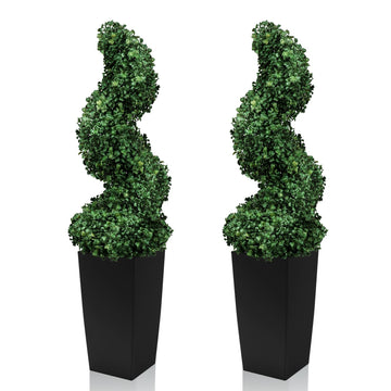 Artificial Spiral Topiary Tree 2.6ft with Elegant Sculpted Shape, UV Resistant Faux Boxwood in Square Black Pot for
