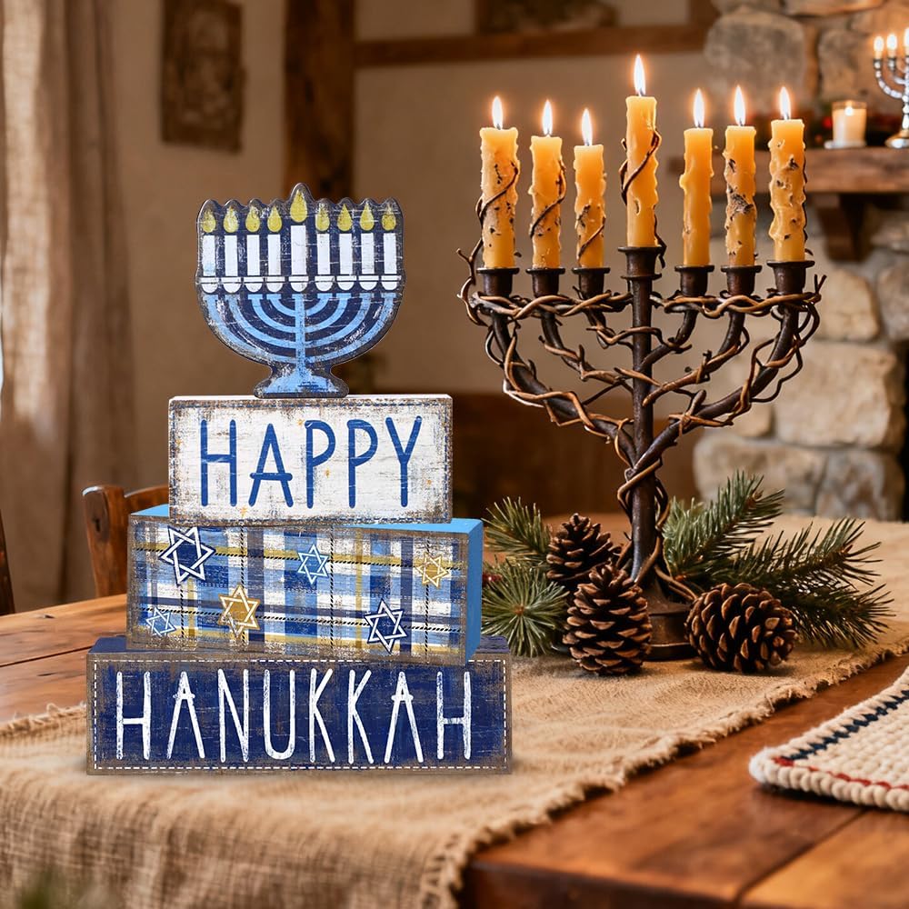 Hanukkah Table Decoration Happy Hanukkah Wooden Block Wooden Decoration Chanukah Table Centerpiece Sign Jewish - Set of 4