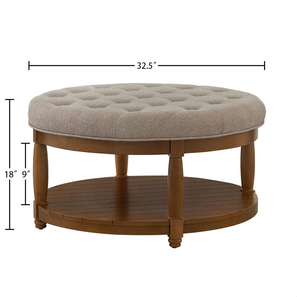 Large Round Upholstered Tufted Linen Ottoman Coffee Table with Solid Wood Frame and Open Storage Shelf, Upholstered