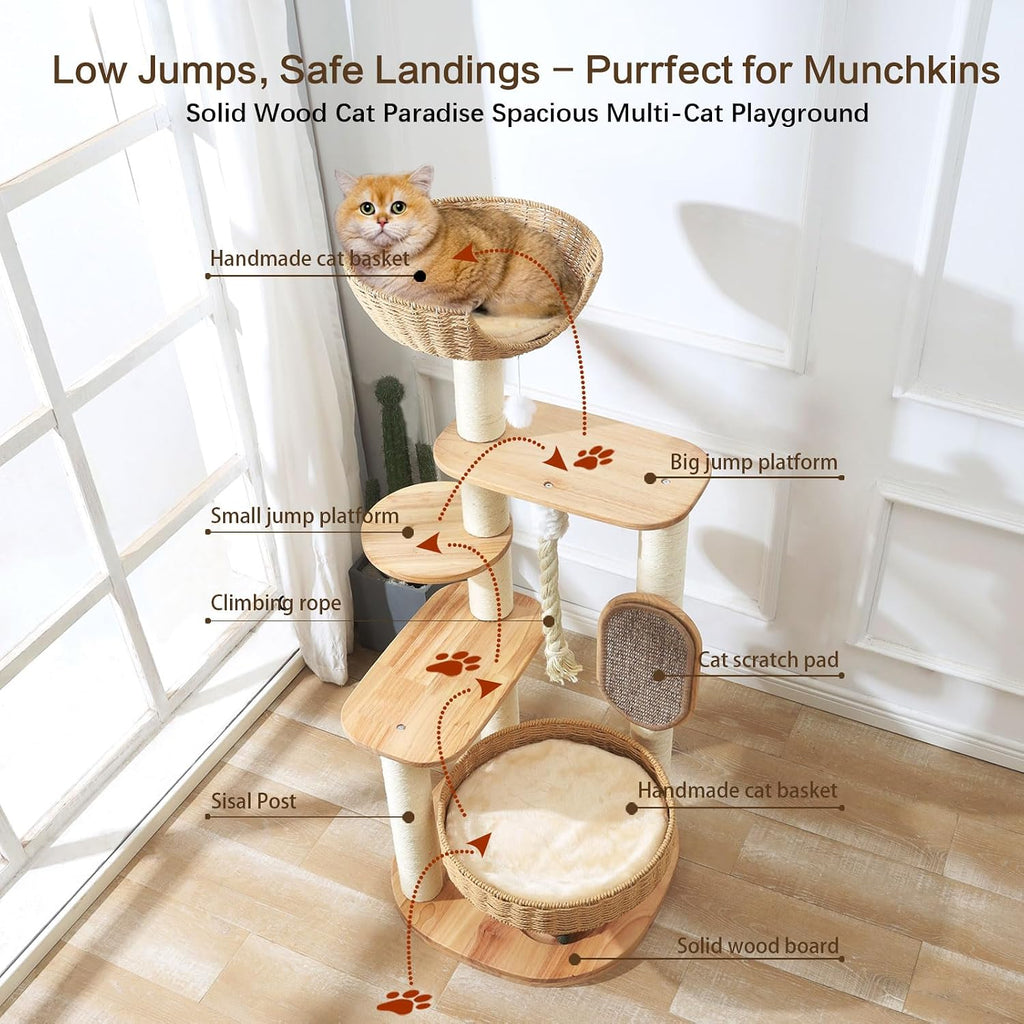 49.6in Solid Wood Cat Tree for Large Cat, Modern Tall Cat Tower