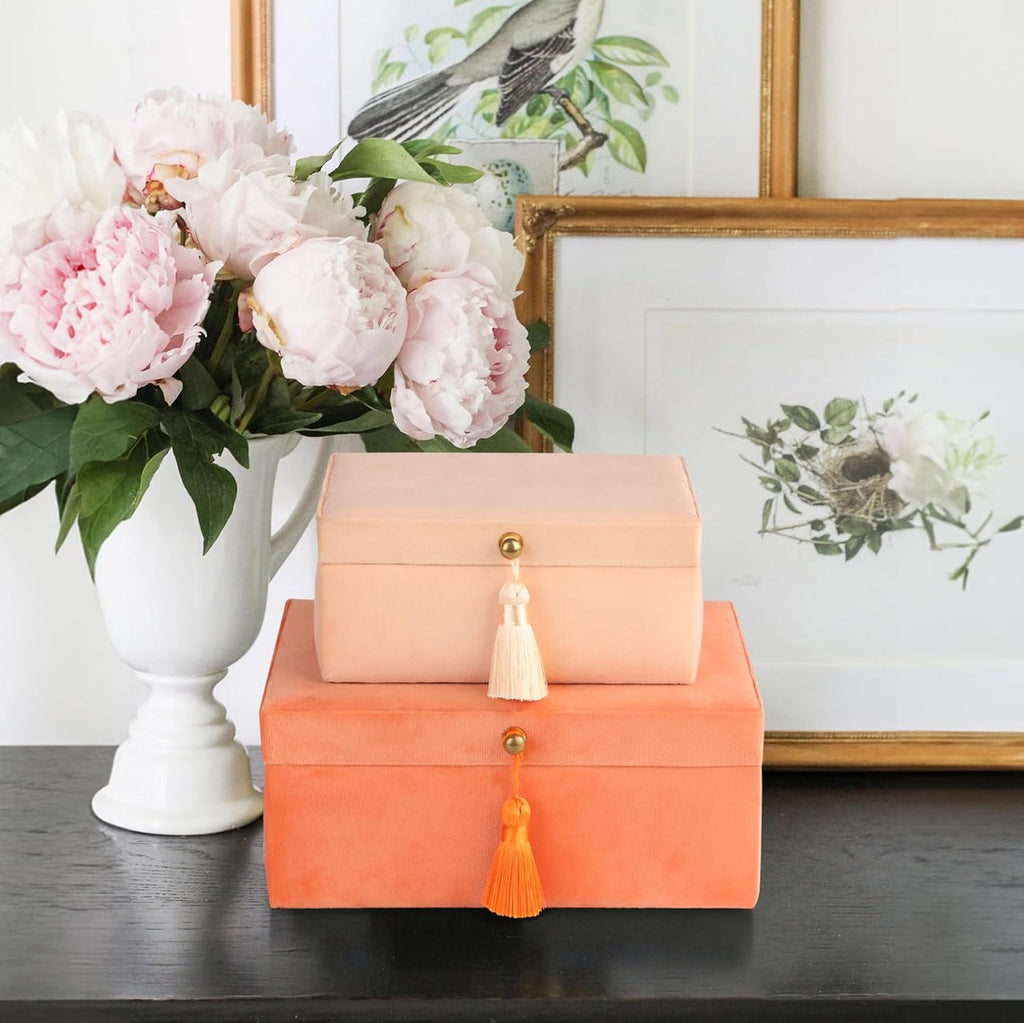 Velvet Jewelry Boxes Decorative Boxes, Storage Accessory Organizer Boxes with Elegant Handle Decor, Classic Velvet - Set of 2