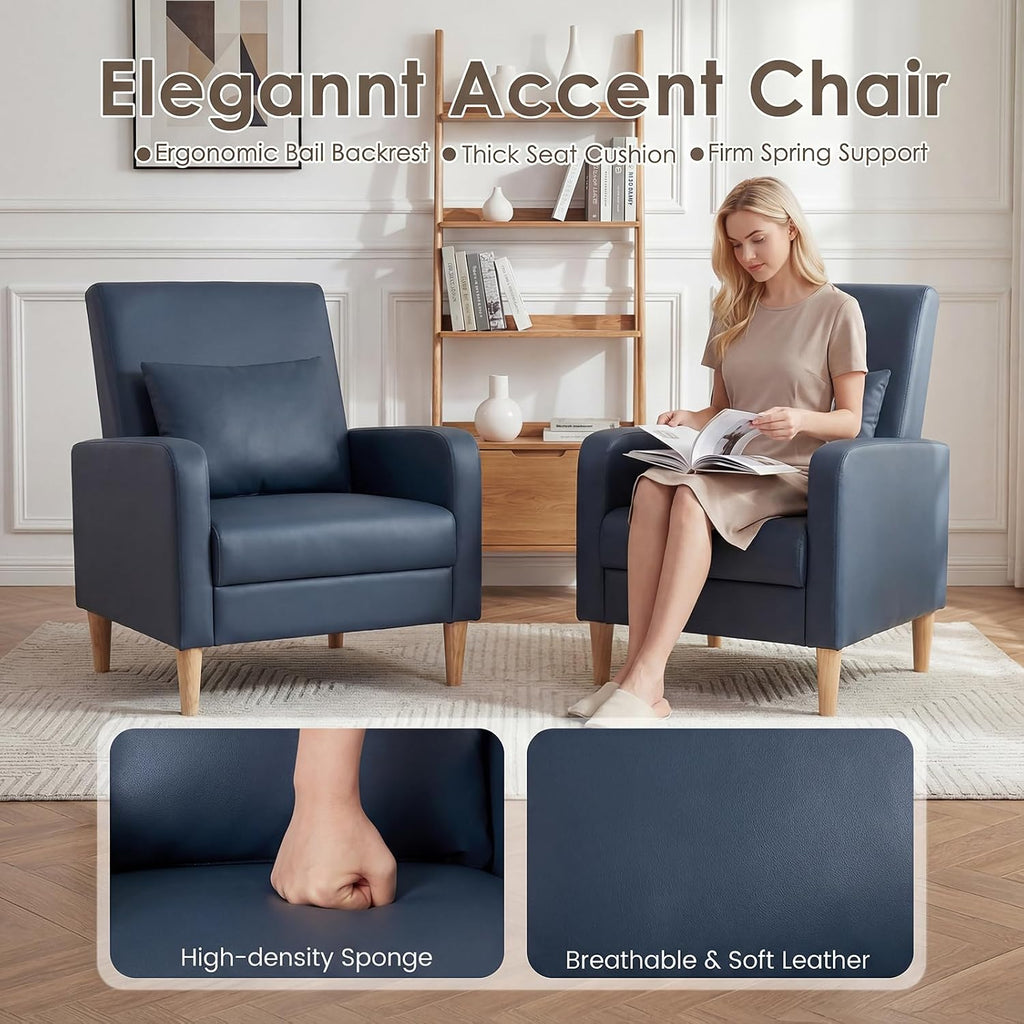 Mid-Century Modern Upholstered Accent Chair with Back Pillow & Solid Wood Legs, Leather Cozy Armchair, Reading Nook - Set of 2